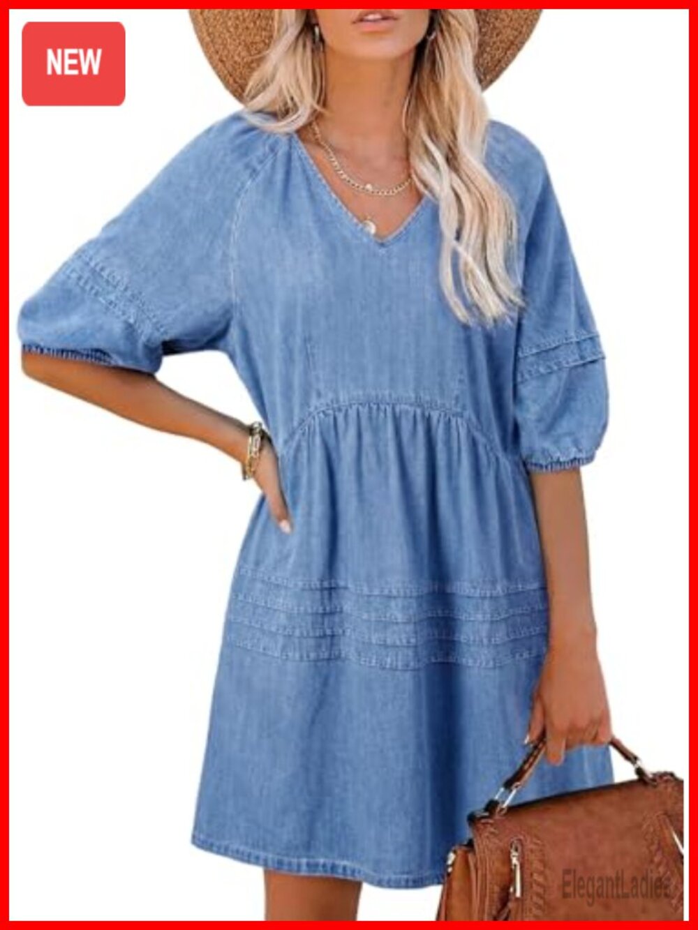 Dokotoo Womens Denim Dress V Neck 3/4 Sleeve A Line Mini Summer Casual